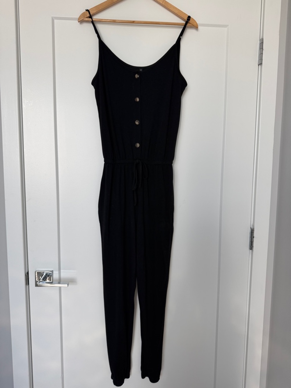 Women's Black Button-Front Jumpsuit with Drawstring Waist